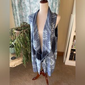 Orvis blue wool and linen knit southwestern duster cardigan vest